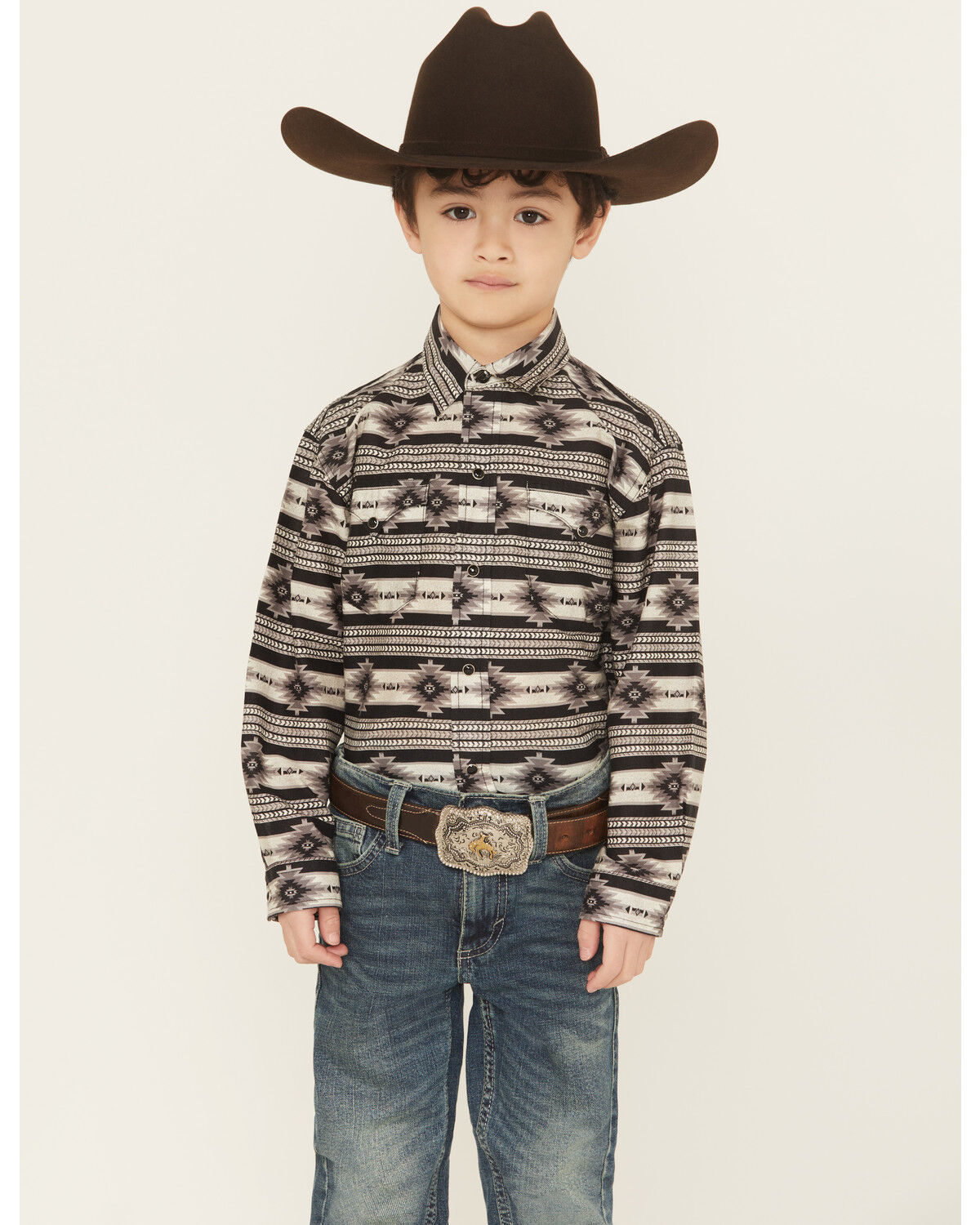 Image #1 - Roper Boys' Southwestern Striped Long Sleeve Snap Western Shirt, Black, hi-res