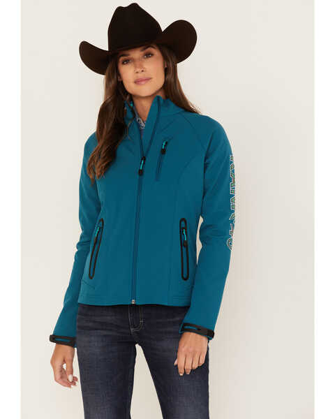Image #1 - RANK 45® Women's Walla Striped Logo Softshell Jacket, Steel Blue, hi-res