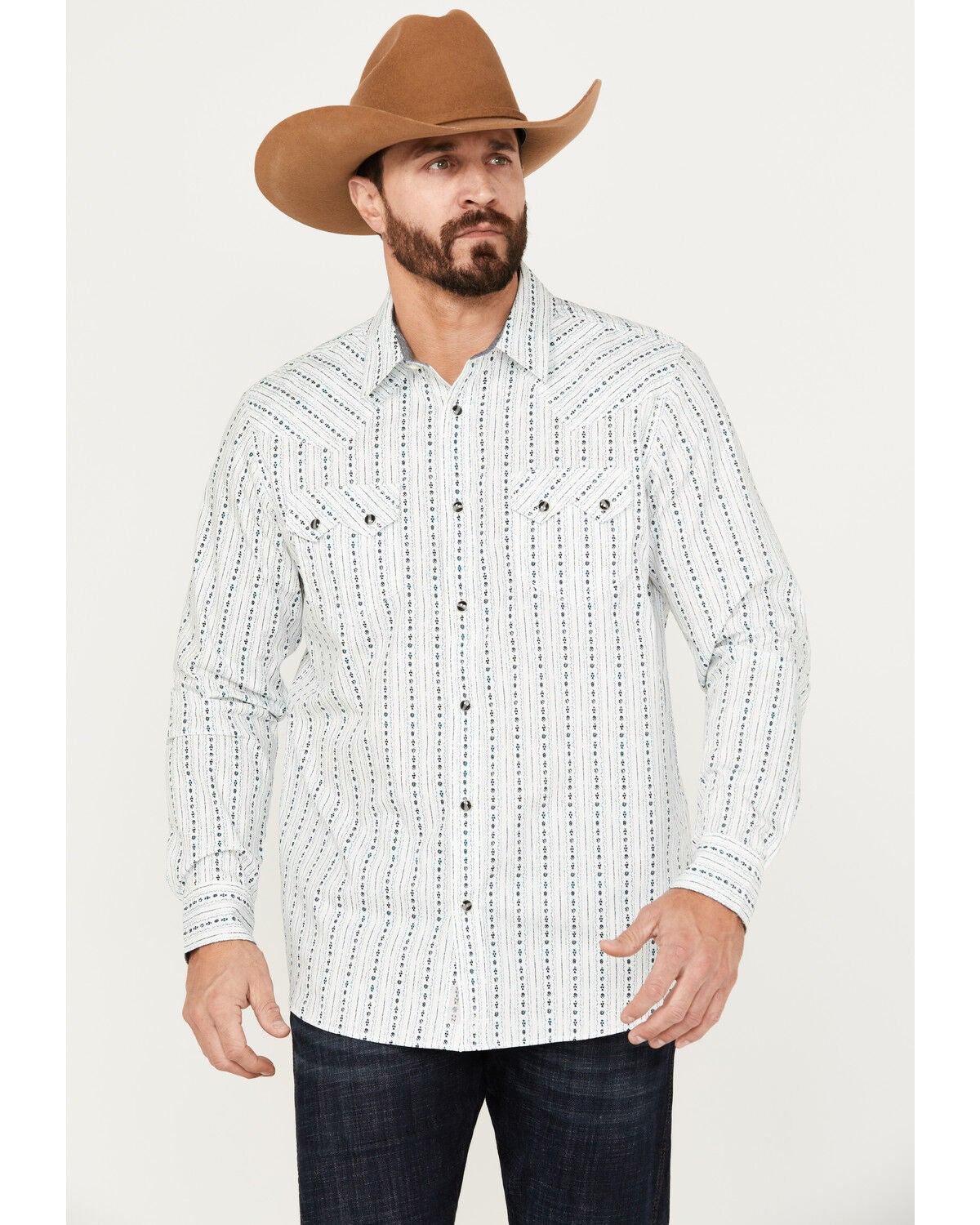 Moonshine Spirit&reg; Men's Elderflower Striped Long Sleeve Western Snap Shirt, White, hi-res