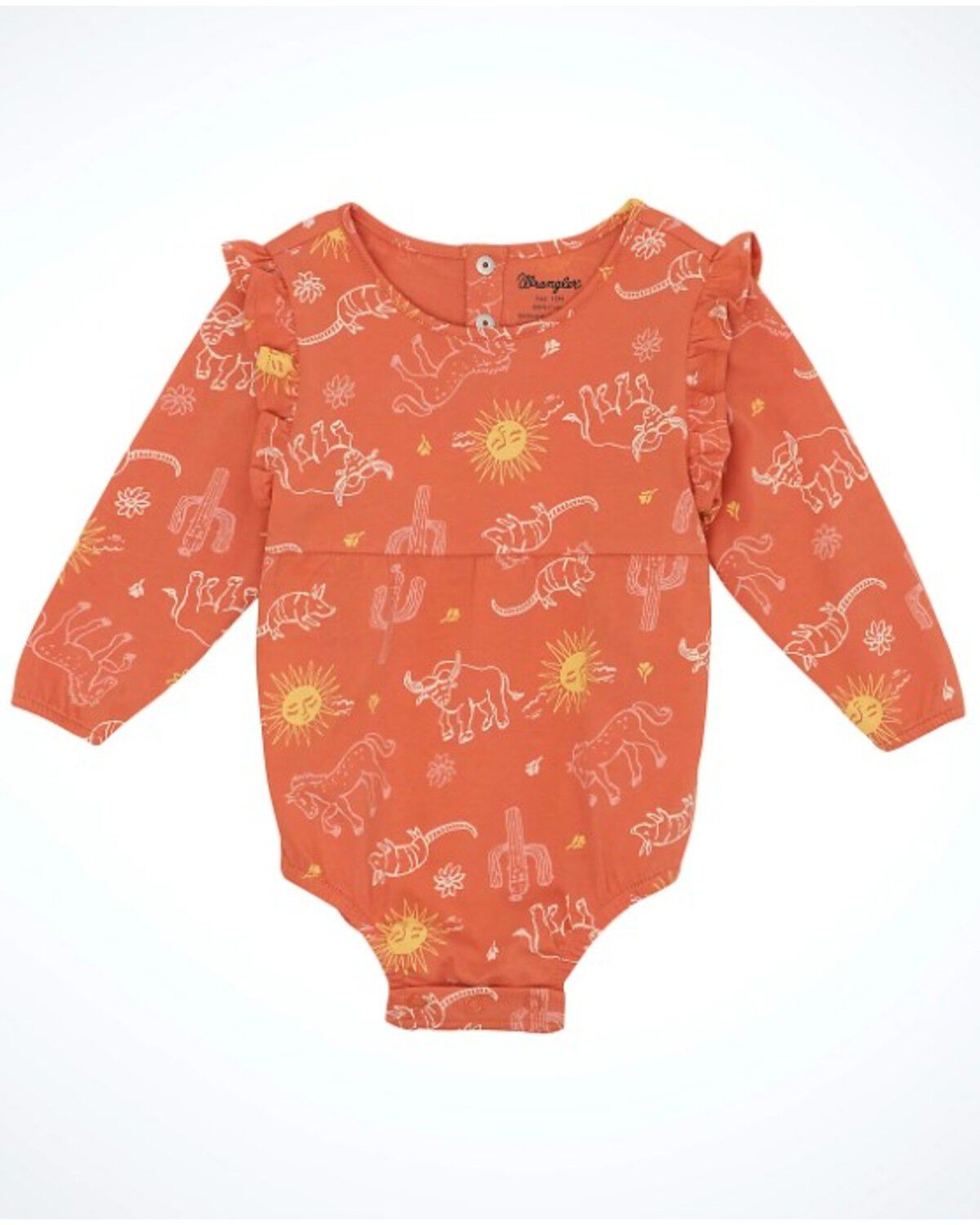 Image #1 - Wrangler Infant Girls' Cactus Print Long Sleeve Snap Onesie, Coral, hi-res