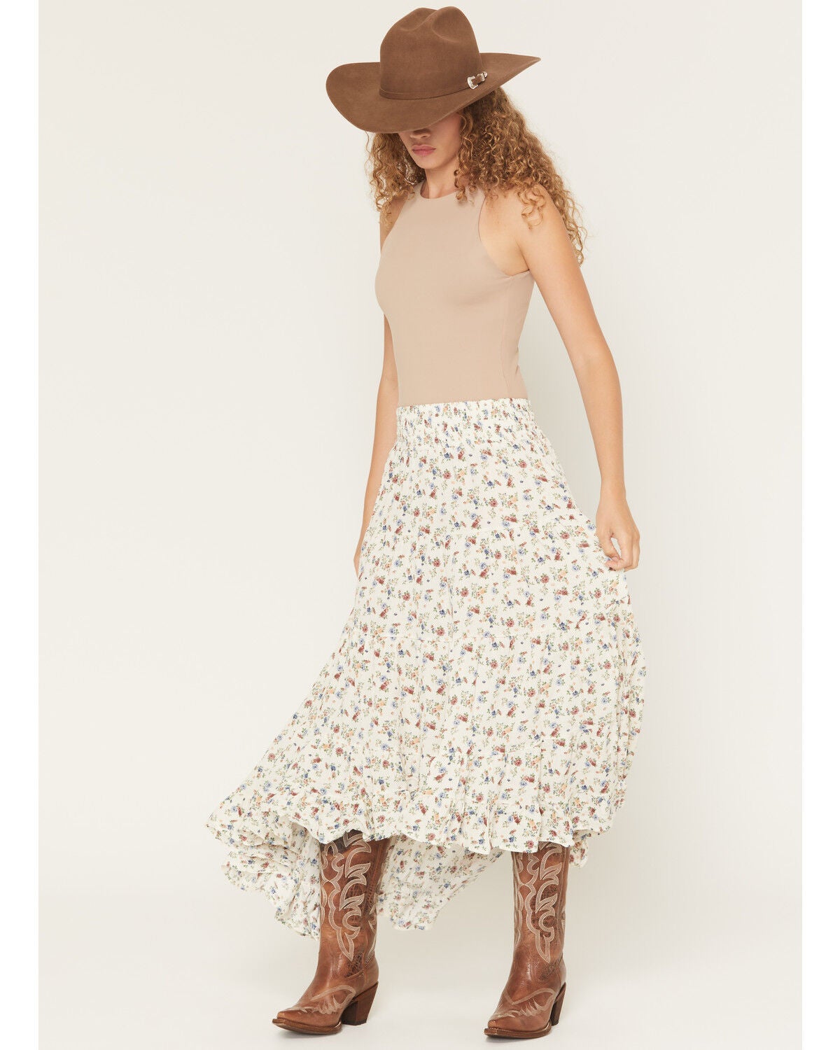 Image #1 - Wild Moss Women's Floral Print High-Low Midi Skirt, Ivory, hi-res