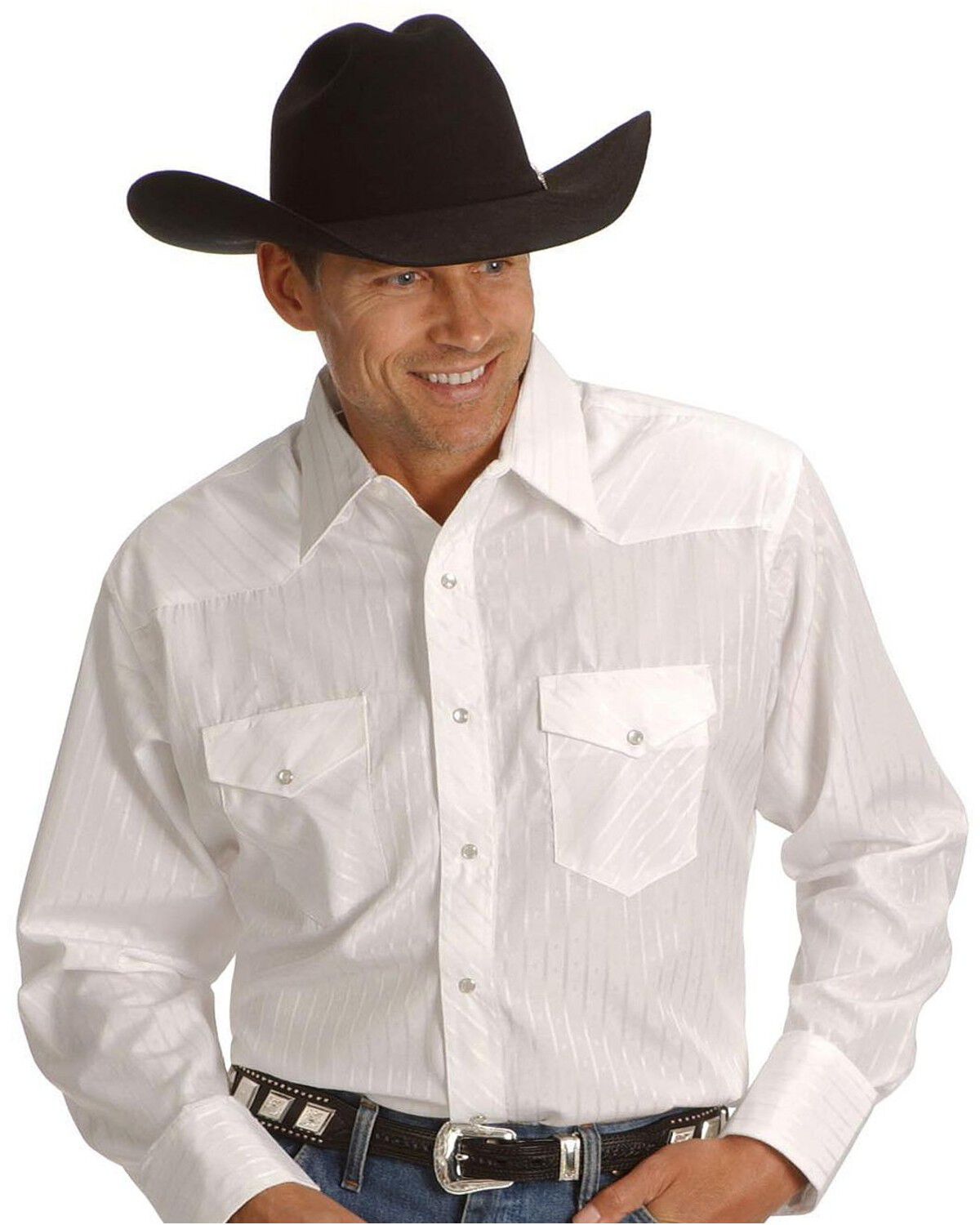 Wrangler Men's White Solid Dobby Long Sleeve Pearl Snap Western Shirt - Big & Tall, White, hi-res