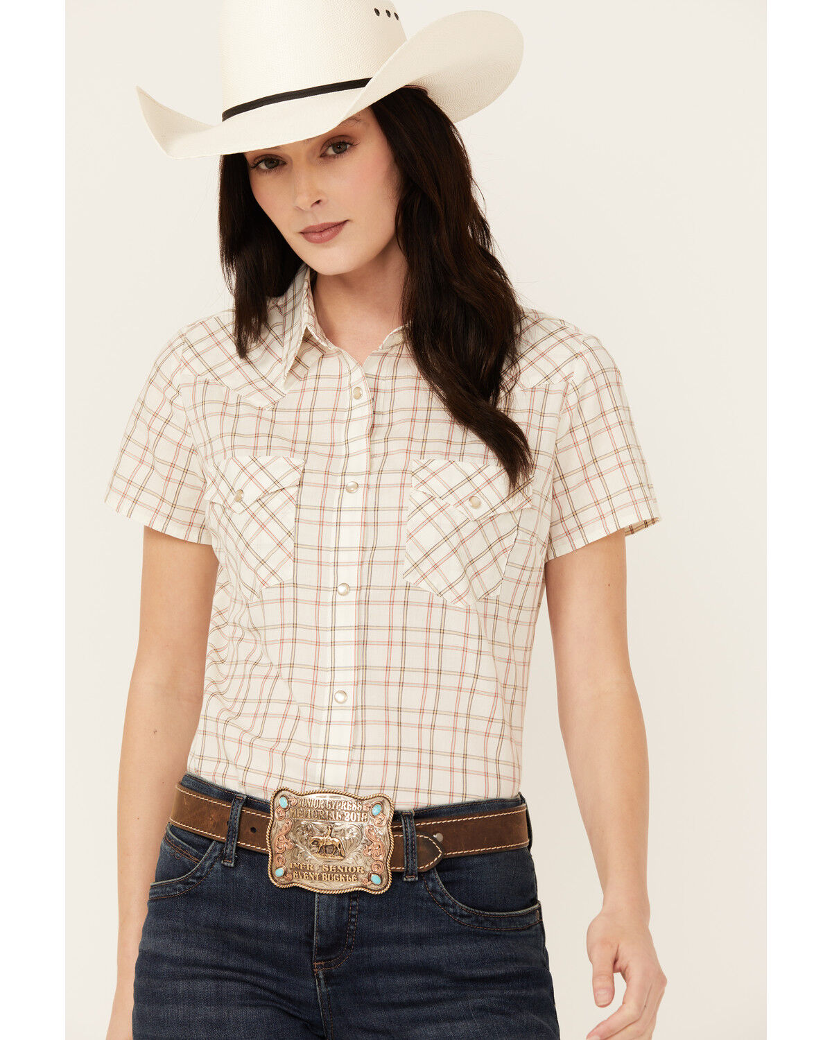 Image #2 - Wrangler Women's Plaid Print Short Sleeve Pearl Snap Western Shirt, , hi-res