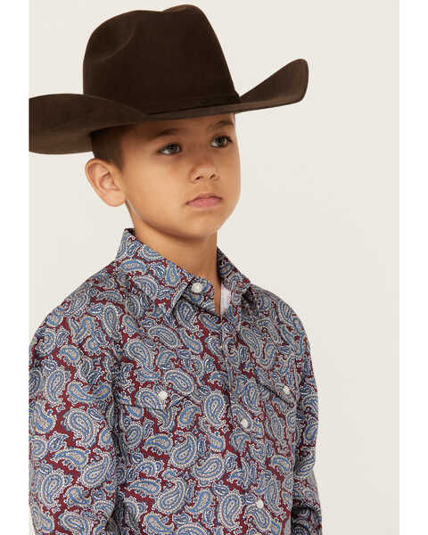 Image #2 - Roper Boys' Amarillo Paisley Print Long Sleeve Western Pearl Snap Shirt, Wine, hi-res