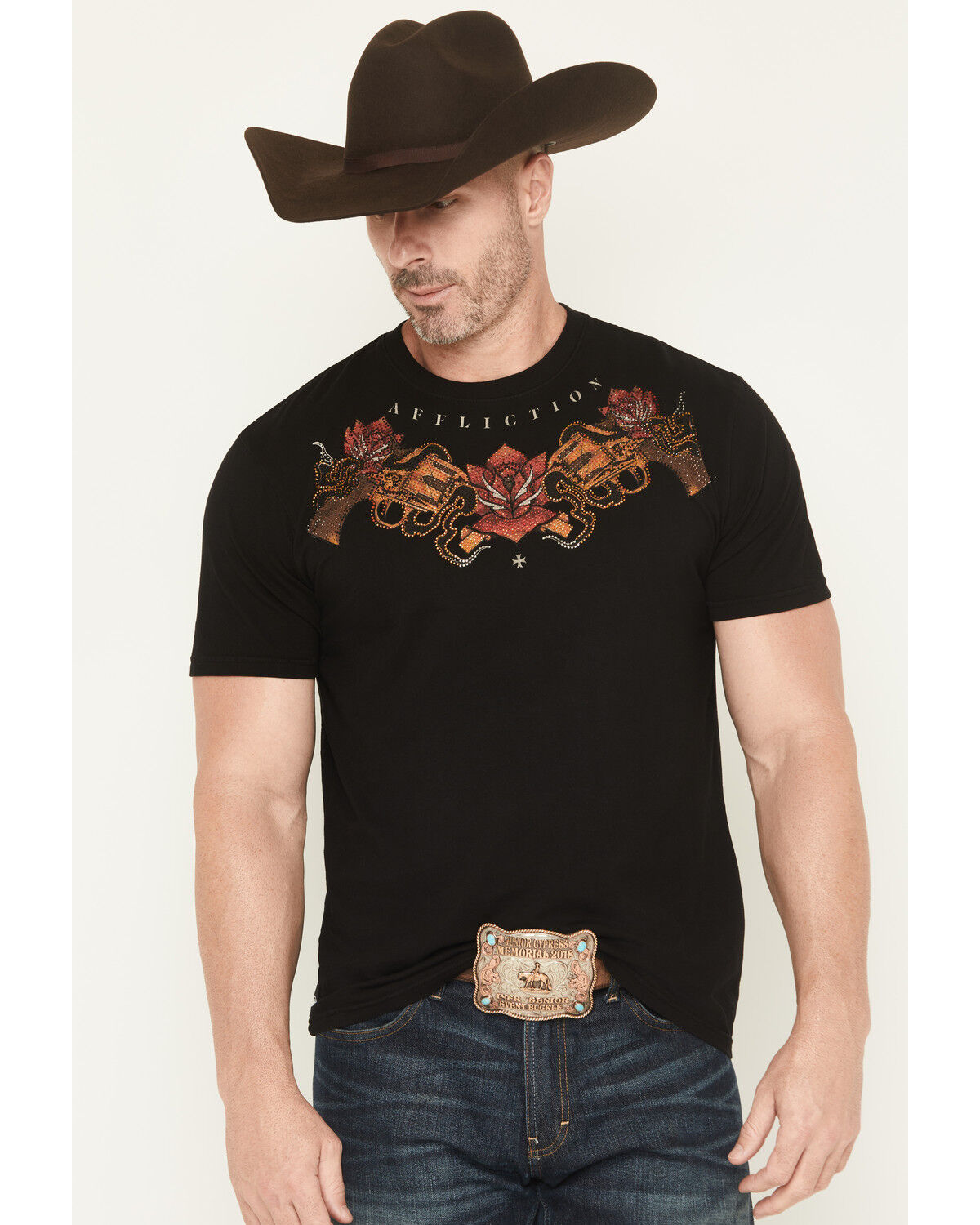 Image #1 - Affliction Men's Viva La Raza Rhinestone Short Sleeve Graphic T-Shirt, Black, hi-res