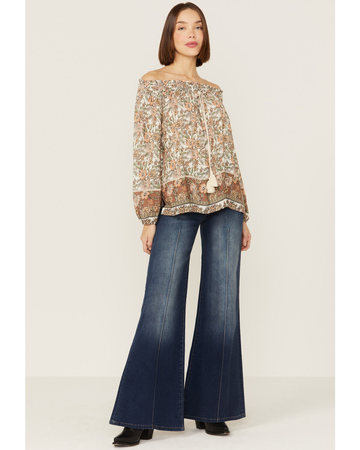 Image #4 - Wild Moss Women's Cream Floral Border Print Off Shoulder Woven Top, Cream, hi-res
