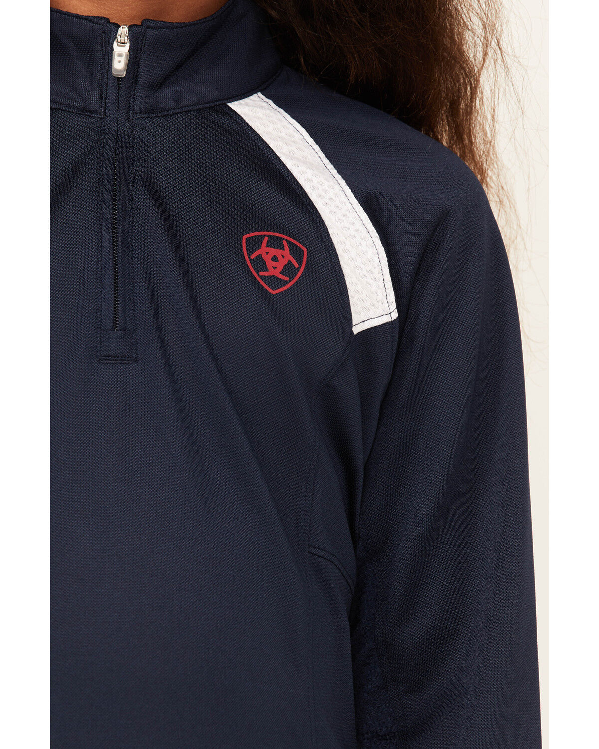 Image #3 - Ariat Girls' Team Solid Sunstopper 2.0 1/4 Zip Baselayer, Navy, hi-res