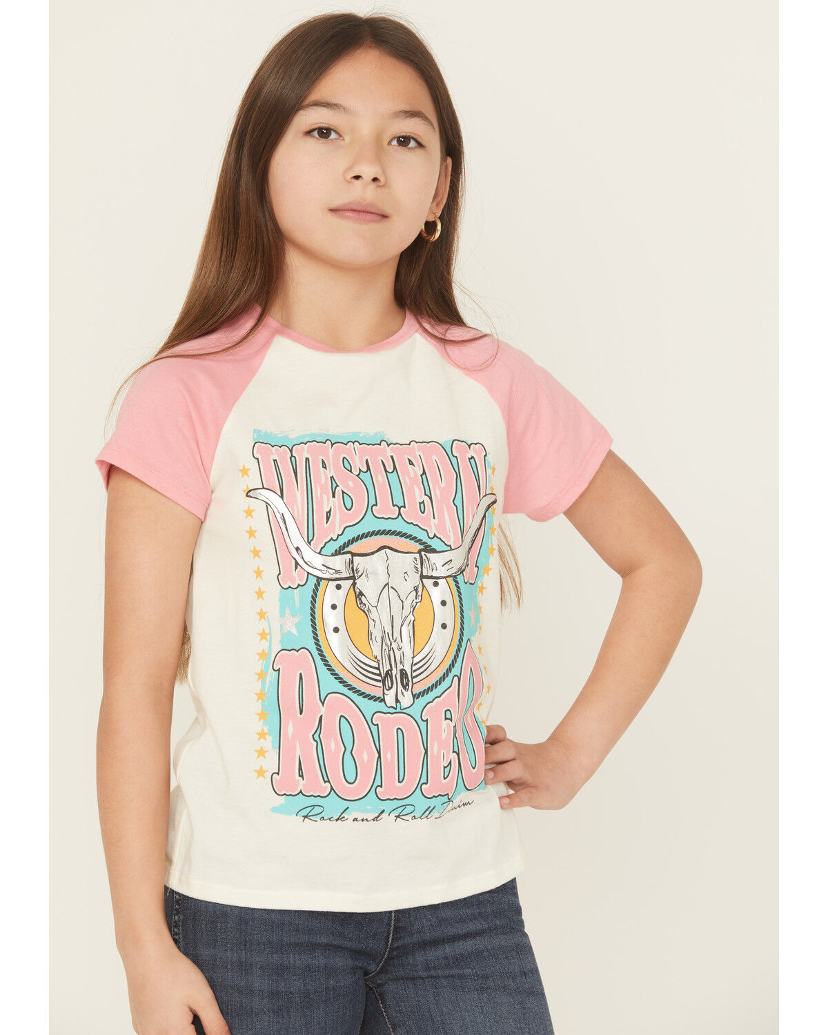 Image #1 - Rock & Roll Denim Girls' Western Rodeo Short Sleeve Graphic Tee, Natural, hi-res