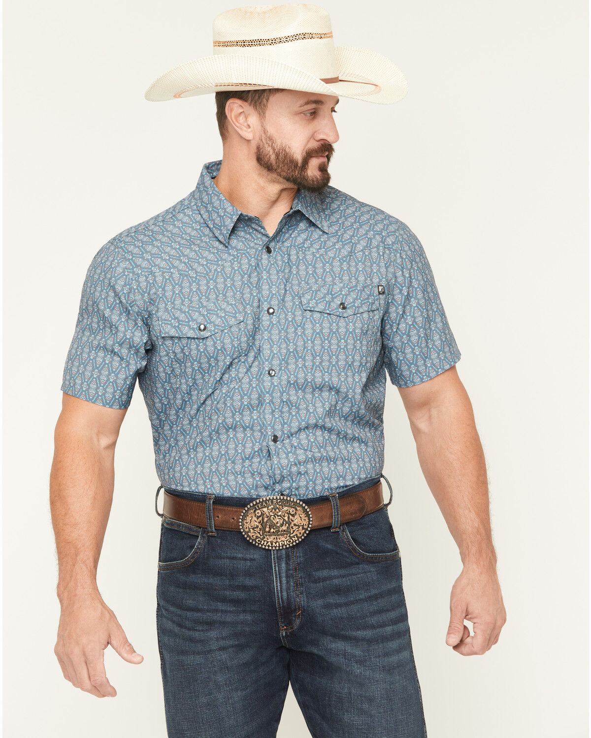 Image #1 - RANK 45® Men's River Rangers Southwestern Print Short Sleeve Snap Western Shirt, Navy, hi-res