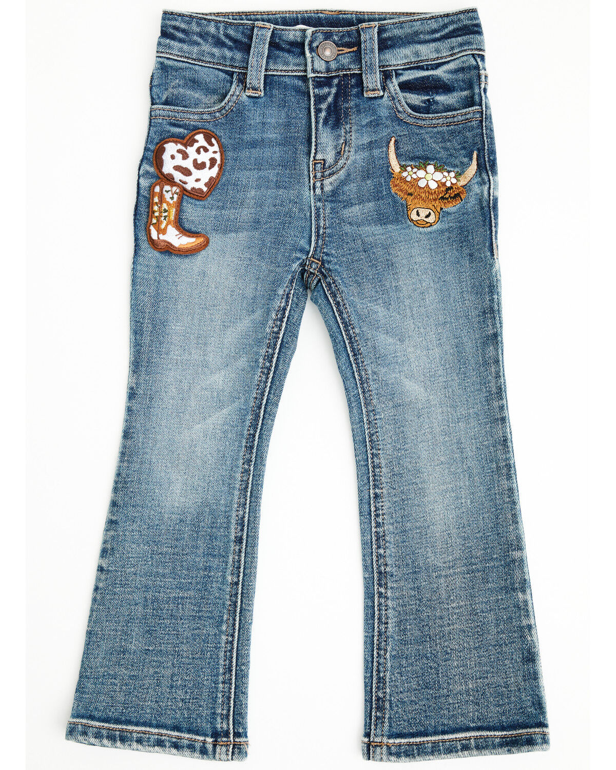 Image #1 - Shyanne Toddler Girls' Cass Patchwork Mid Rise Bootcut Stretch Denim Jeans, Medium Wash, hi-res