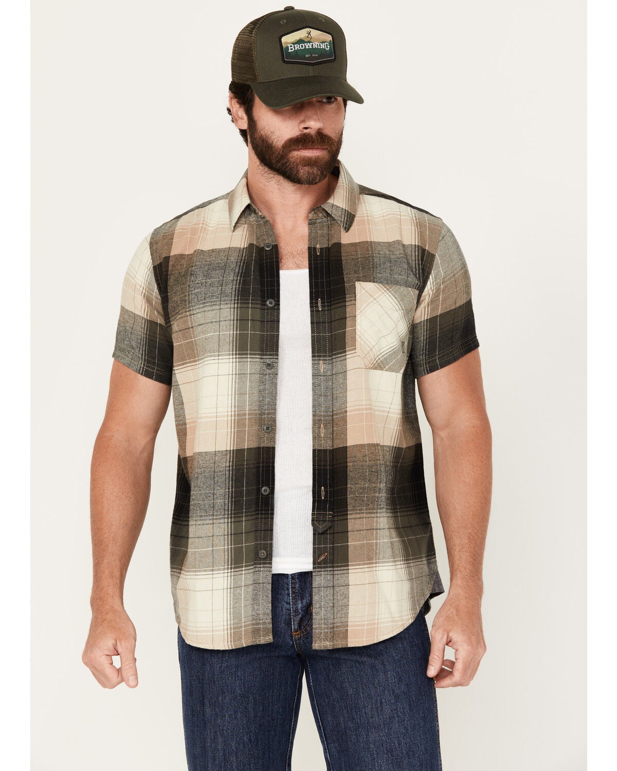 Brothers and Sons Men's Tooele Plaid Print Short Sleeve Button Down Western Shirt, Dark Grey, hi-res