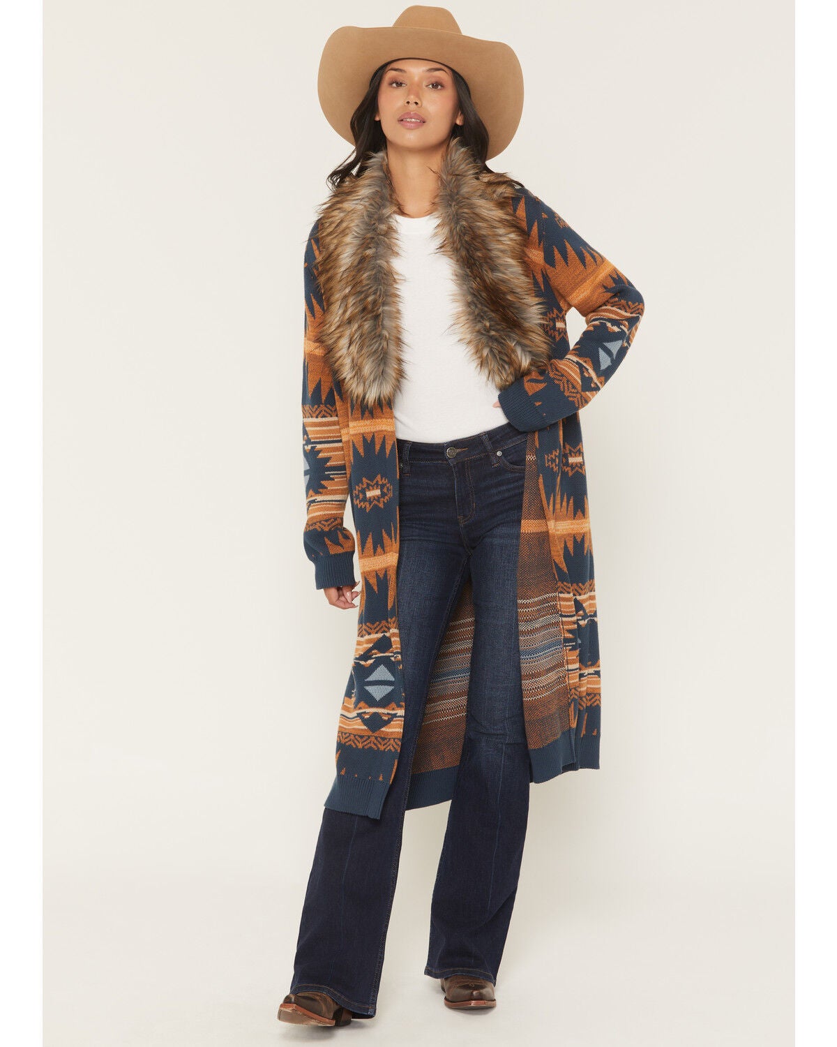 Panhandle Slim Women's Fur Southwestern Print Cardigan, Navy, hi-res