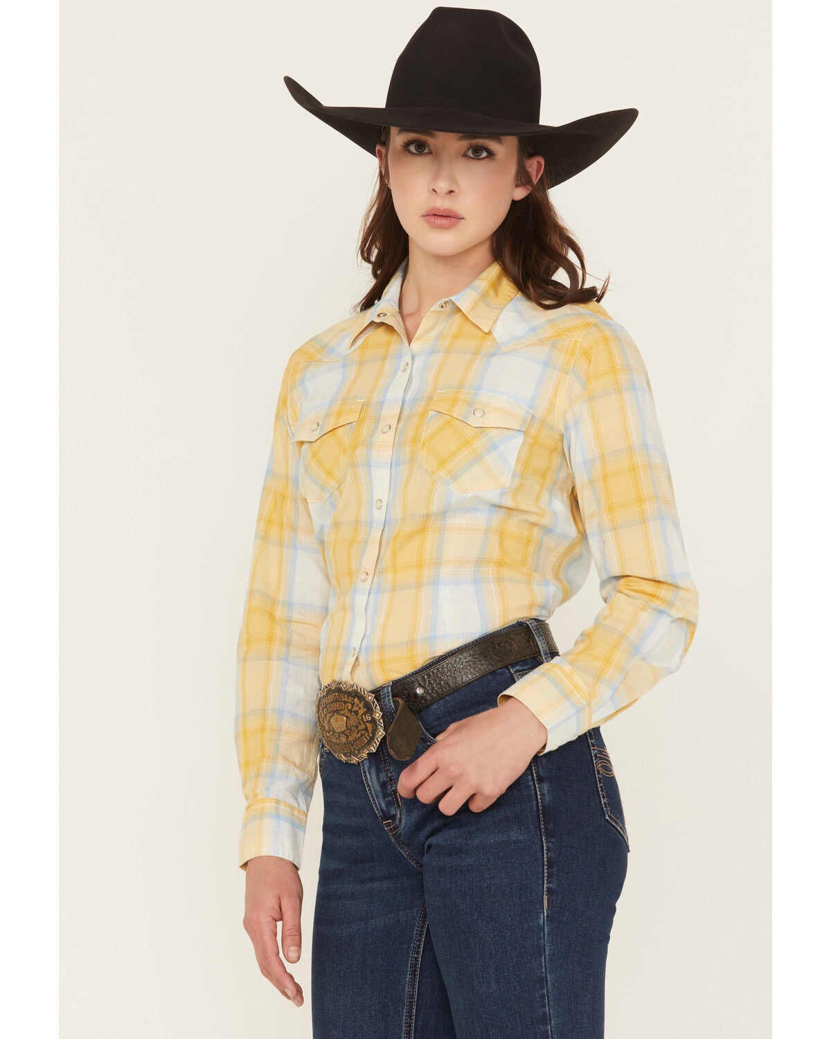 Ariat Women's Daisy Plaid Print Long Sleeve Snap Western Shirt, Yellow, hi-res