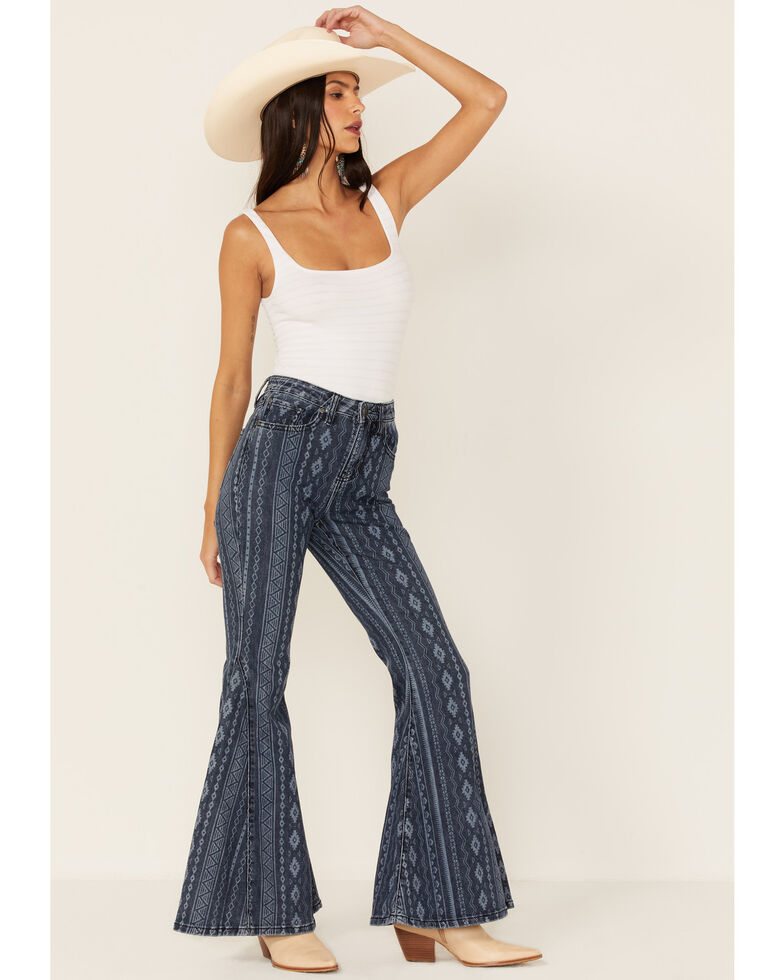 Shyanne Women's Dark Wash Southwestern Lazer Stripe Print Super Flare Jeans , Dark Blue, hi-res