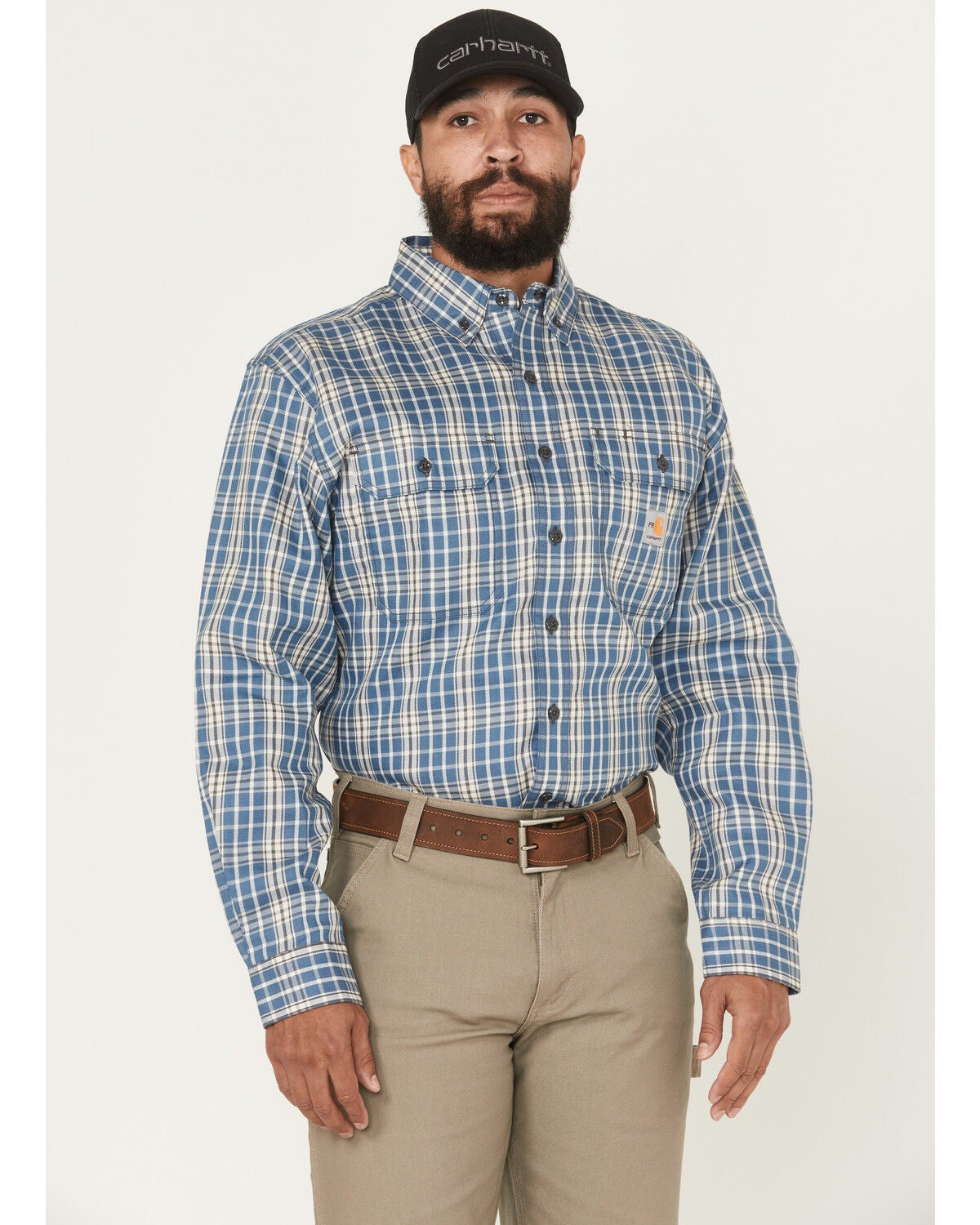 Carhartt Men's FR Force Rugged Flex&reg; Loose Fit Twill Long Sleeve Button-Down Work Shirt, Grey, hi-res