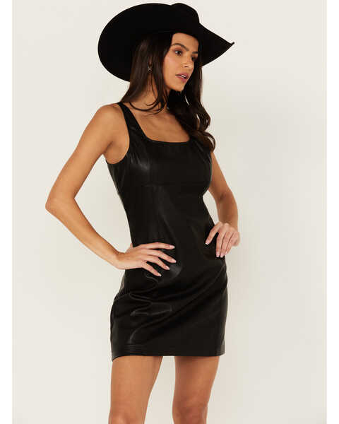 Image #2 - Rock & Roll Denim Women's Faux Leather Sleeveless Mini Dress, Black, hi-res