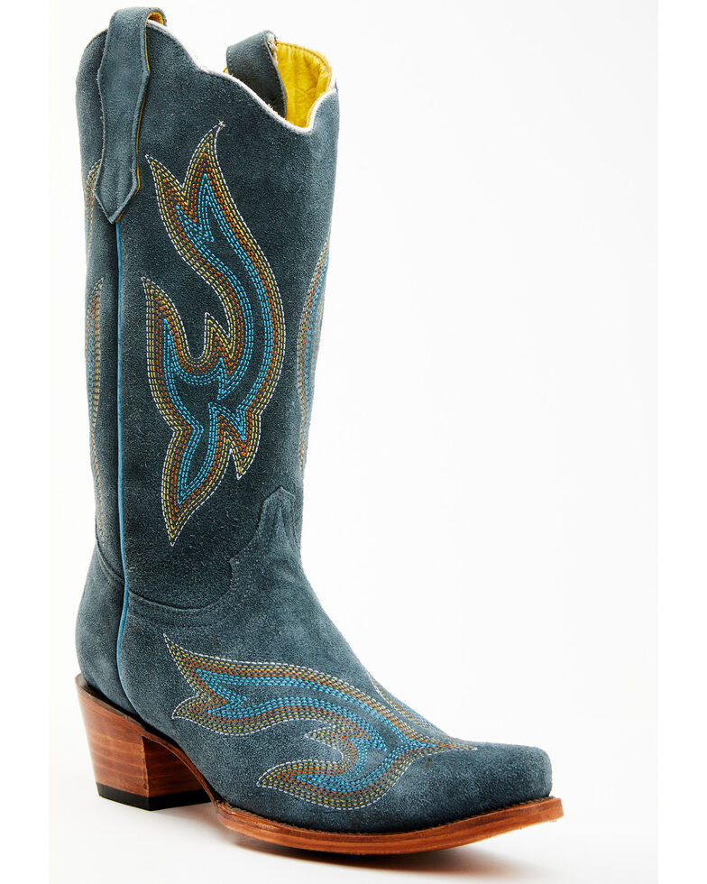 Planet Cowboy Women's Steel My Blues Psychedelic Suede Leather Western Boot - Snip Toe , Blue, hi-res