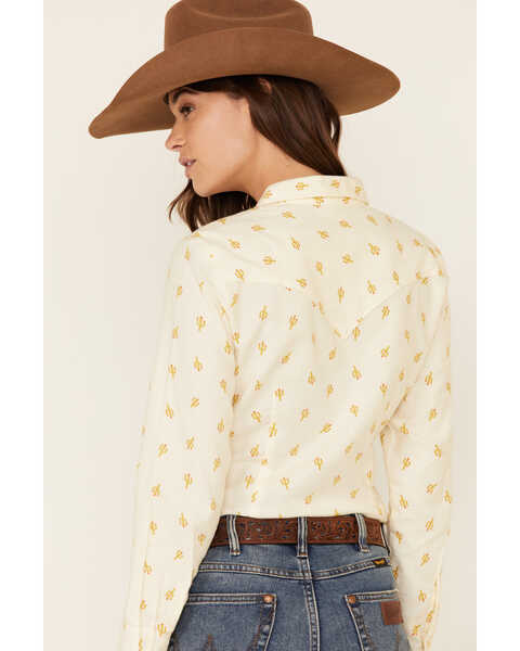 Wrangler Women's Allover Cactus Print Long Sleeve Western Core Shirt , Ivory, hi-res