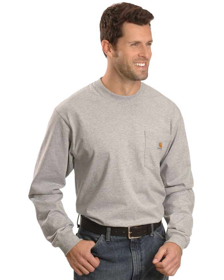 Carhartt Men's Solid Pocket Long Sleeve Work T-Shirt , Hthr Grey, hi-res