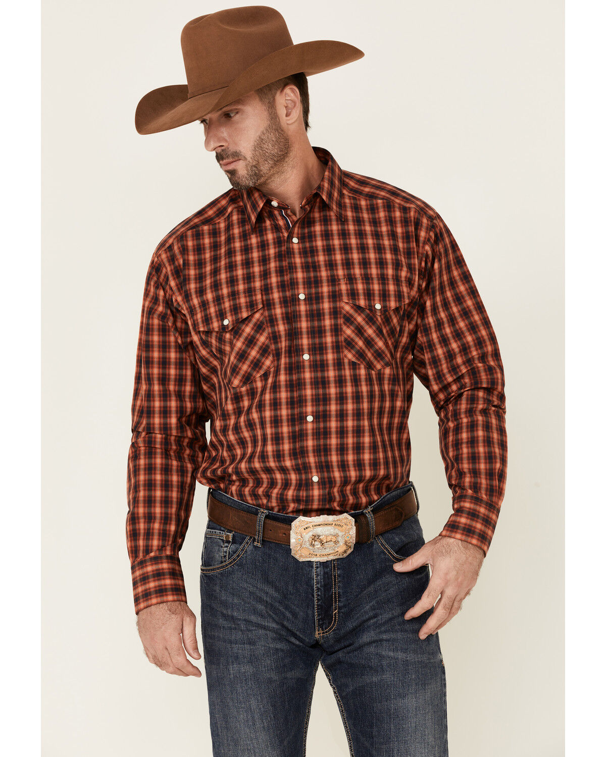 Image #1 - Ariat Men's Pepi Small Plaid Print Long Sleeve Snap Western Shirt, Orange, hi-res