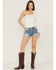 Miss Me Women's Embroidered Dreamcatcher Light Wash Mid Rise Shorts, Blue, hi-res