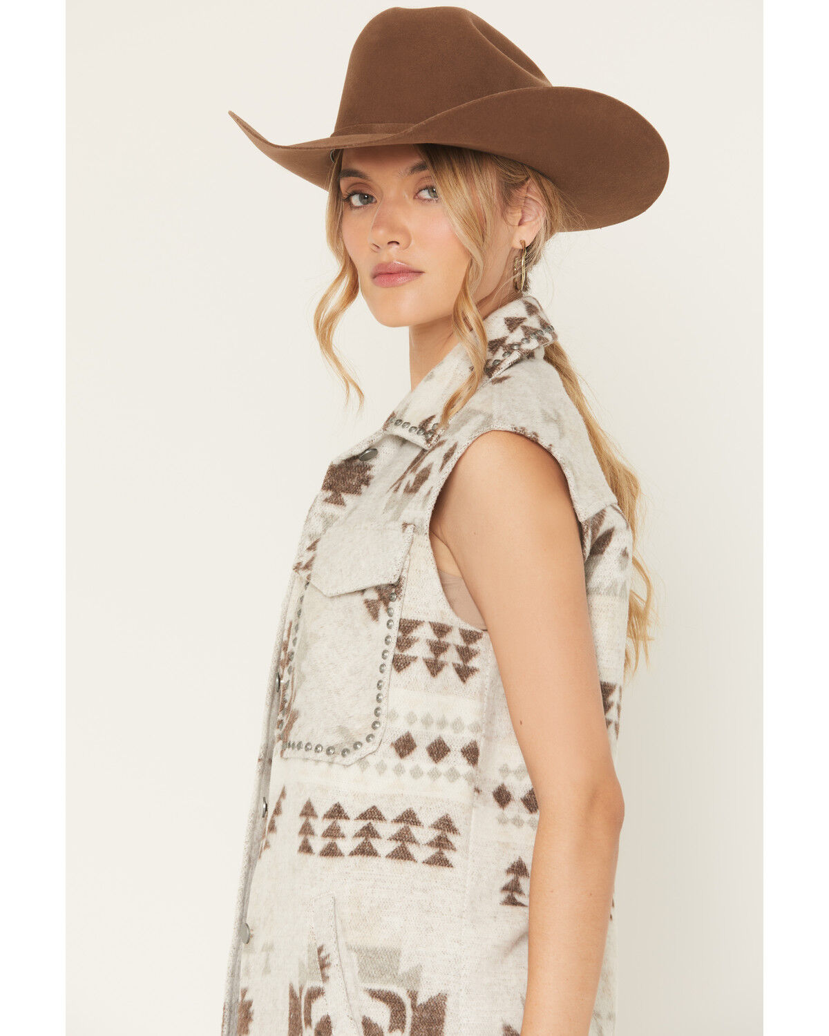 Image #2 - Ashley Women's Southwestern Print Studded Button-Down Long Vest, Grey, hi-res