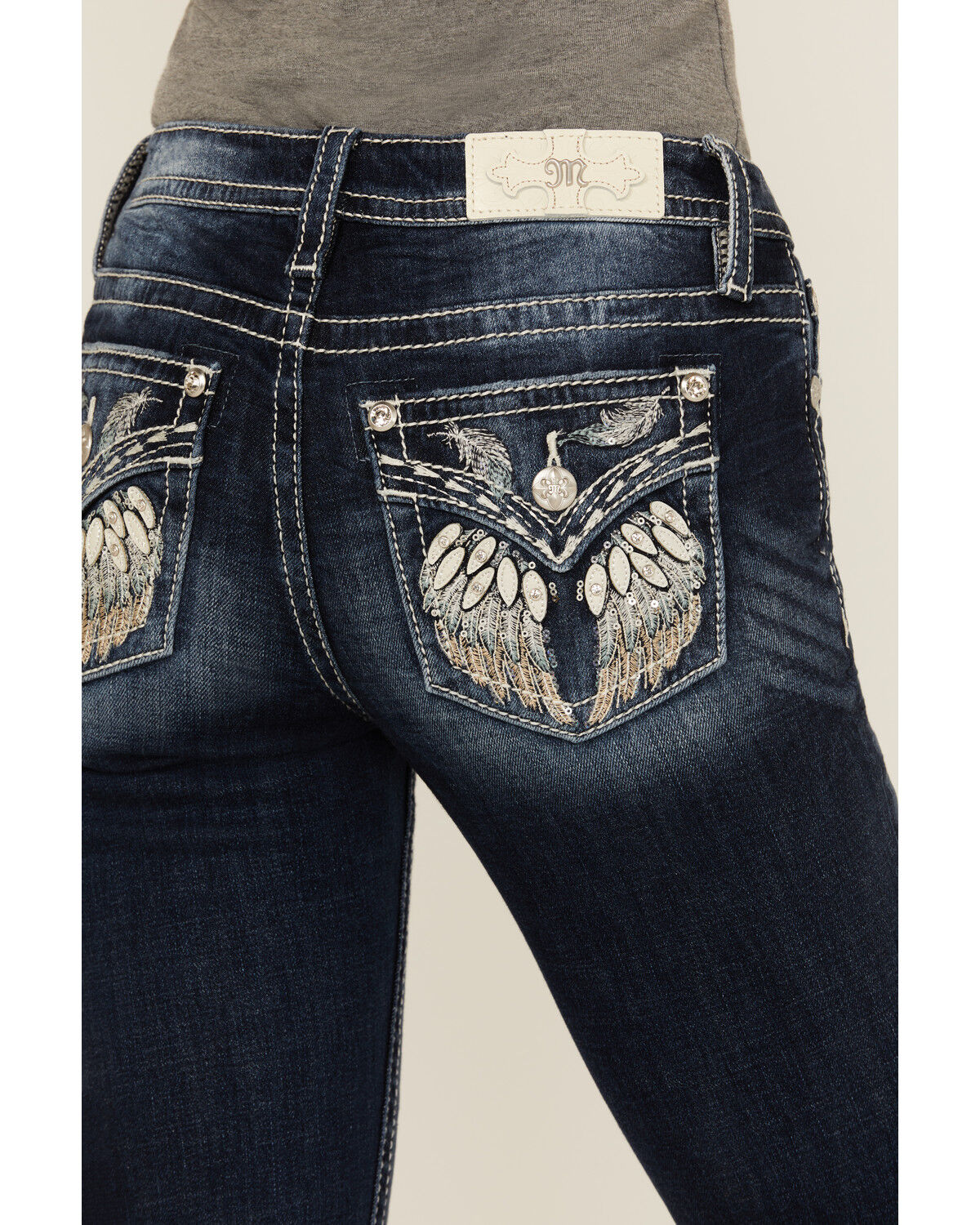 Image #2 - Miss Me Women's Dark Wash Mid Rise Wing Pocket Bootcut Stretch Denim Jeans, Dark Wash, hi-res