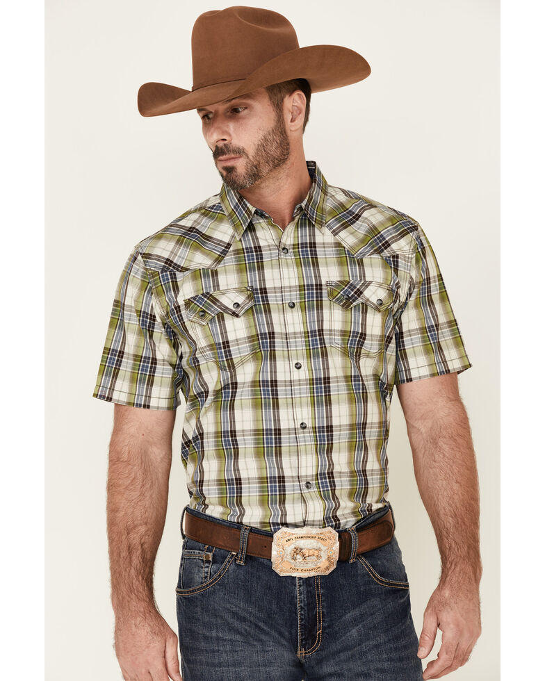 Moonshine Spirit Men's Limestone Plaid Short Sleeve Snap Western Shirt , White, hi-res