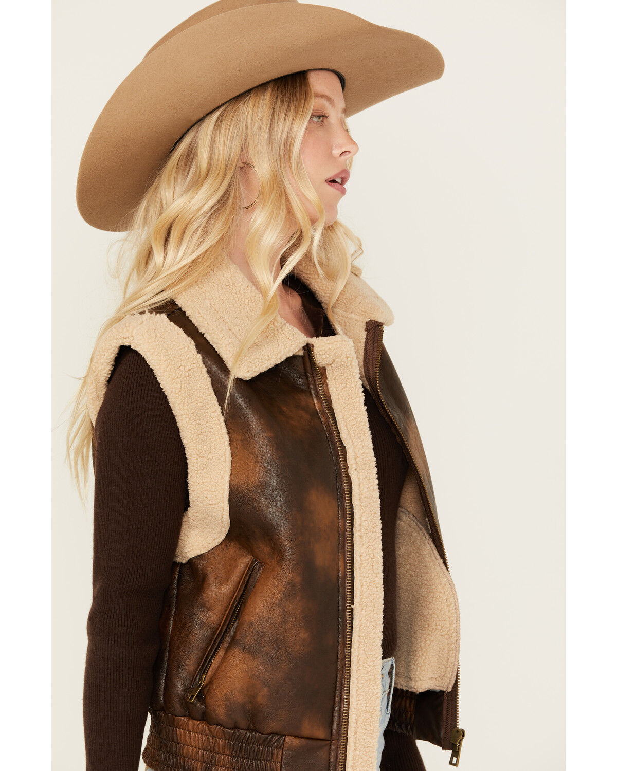 Image #2 - 26 International Women's Faux Leather Aviator Sherpa Vest, Brown, hi-res