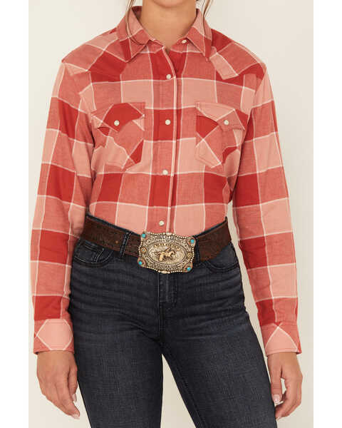 Image #3 - Wrangler Women's Plaid Print Long Sleeve Western Flannel Pearl Snap Shirt, Rust Copper, hi-res