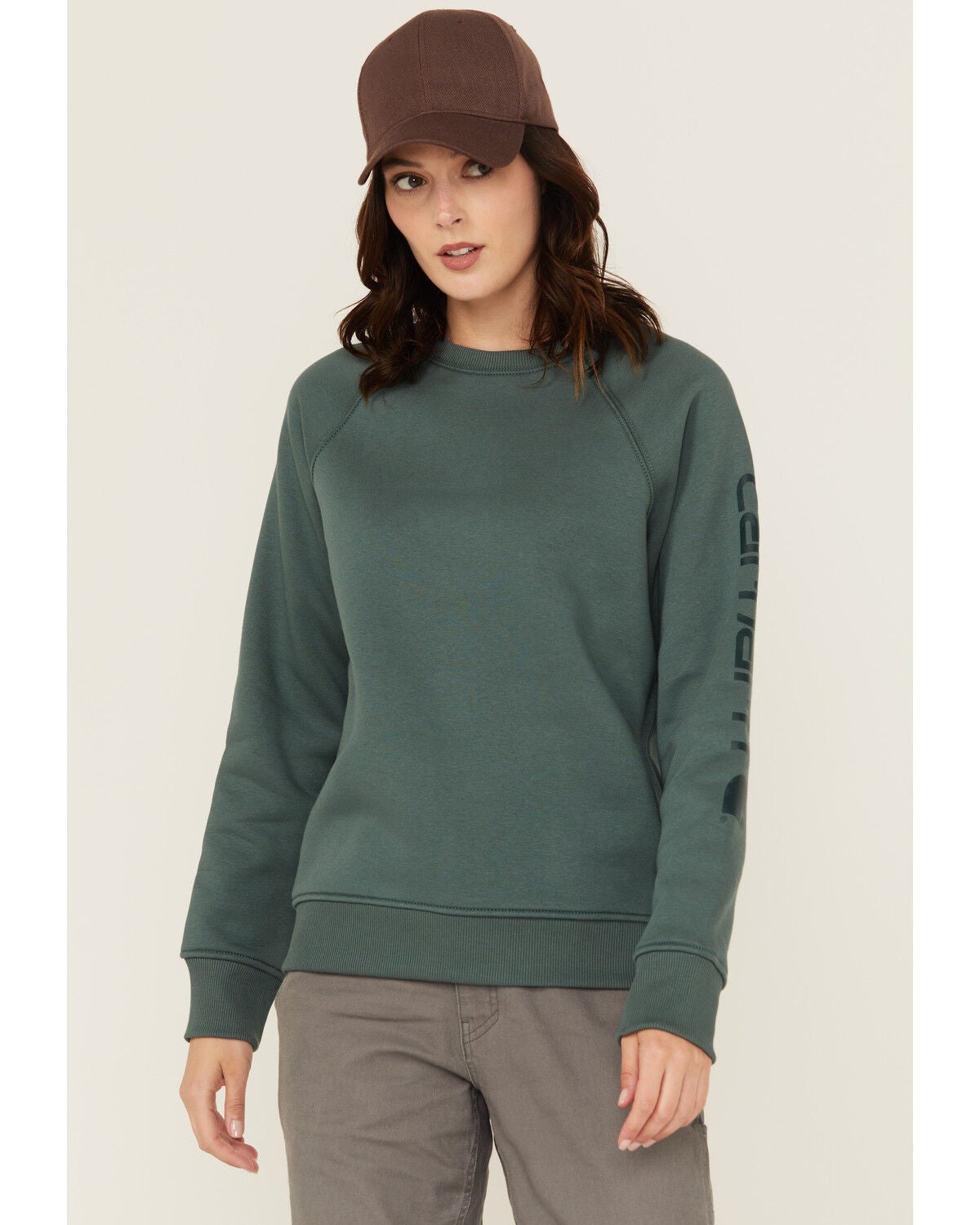 Carhartt Women's Relaxed Fit Midweight Graphic Crewneck Sweatshirt, Forest Green, hi-res