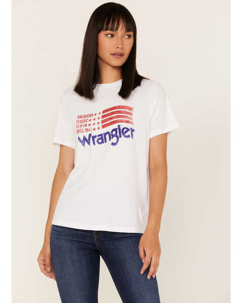 Image #2 - Wrangler Women's Vintage Americana Flag Logo Graphic Tee, White, hi-res