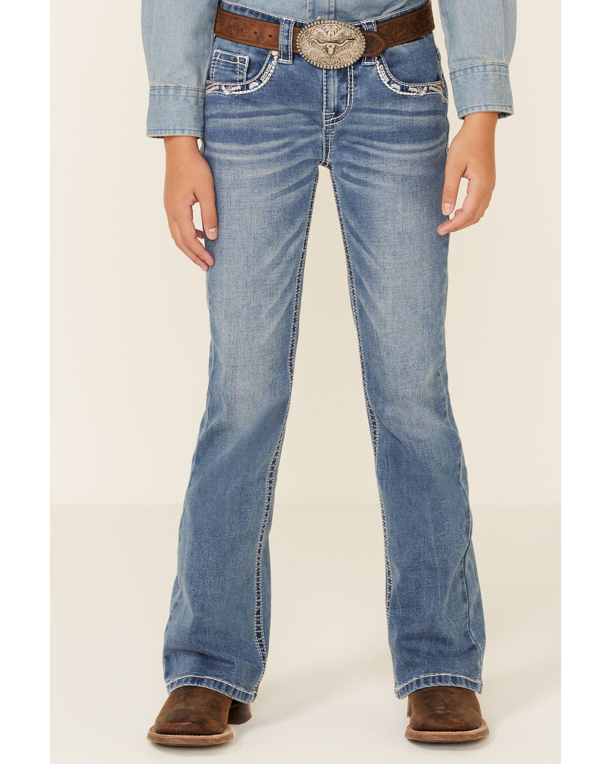 Image #3 - Shyanne Little Girls' Medium Wash Chevron Stitch Pocket Bootcut Jeans, Blue, hi-res