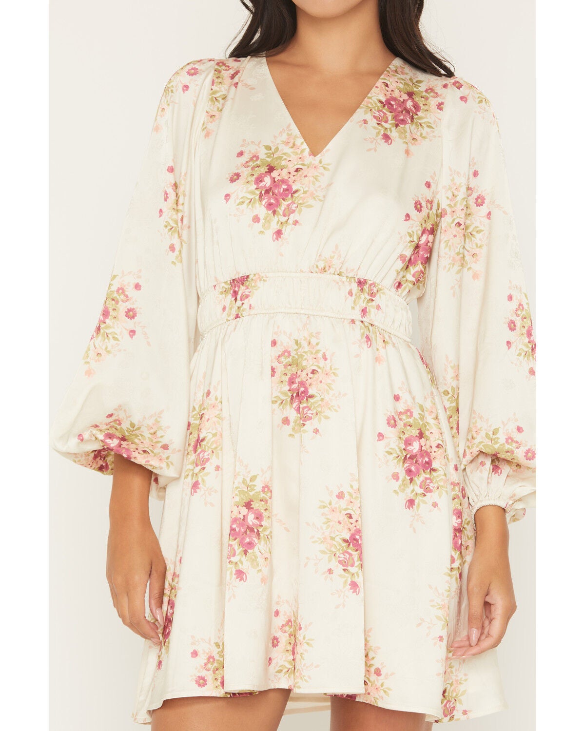 Image #3 - Shyanne Women's Floral Print Long Sleeve Satin Mini Dress, Cream, hi-res