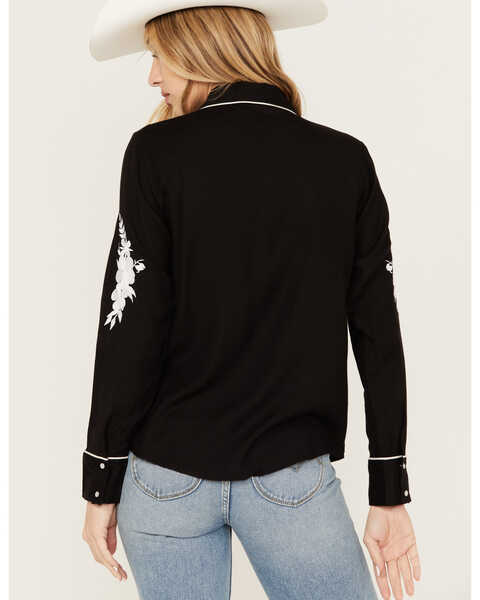 Image #5 - Scully Women's Floral Embroidered Long Sleeve Pearl Snap Western Shirt, Black, hi-res