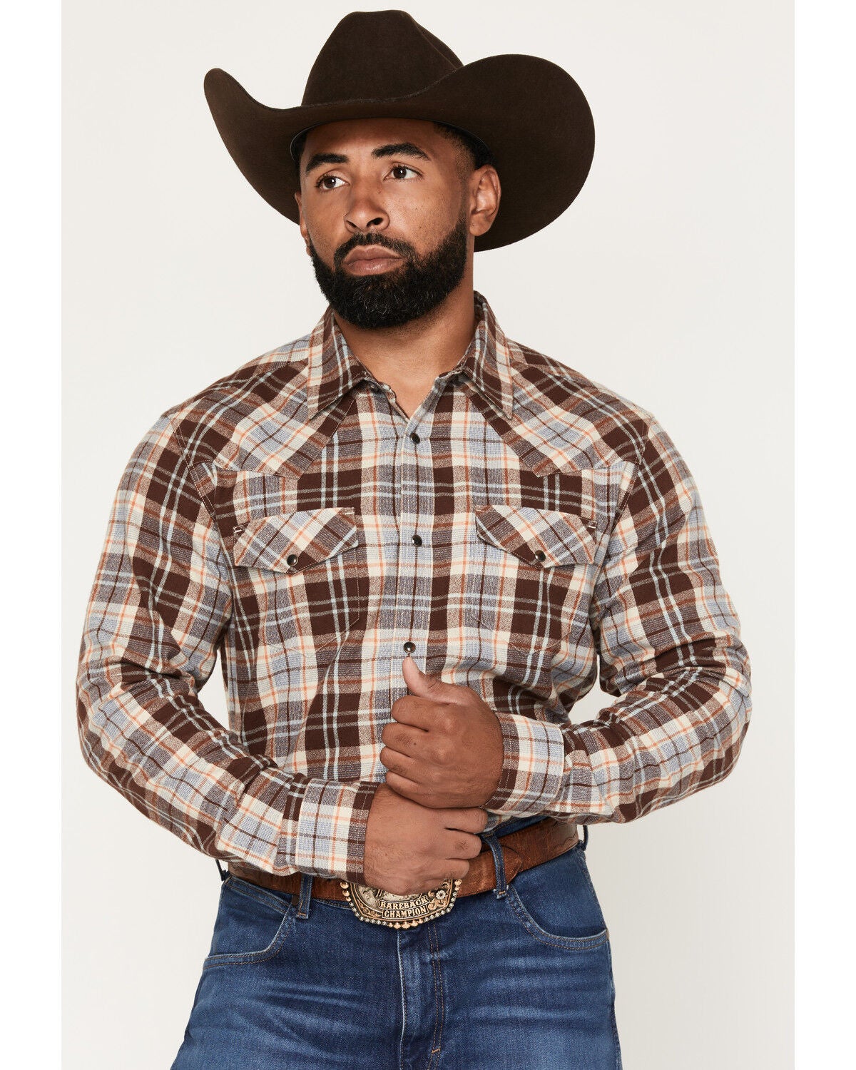 Image #1 - Gibson Trading Co Men's Mad Thad Plaid Print Long Sleeve Snap Flannel Shirt, Brown, hi-res
