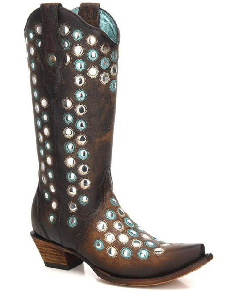 Corral Women's Brown Studded Embroidered Cowgirl Boots - Snip Toe, Brown, hi-res