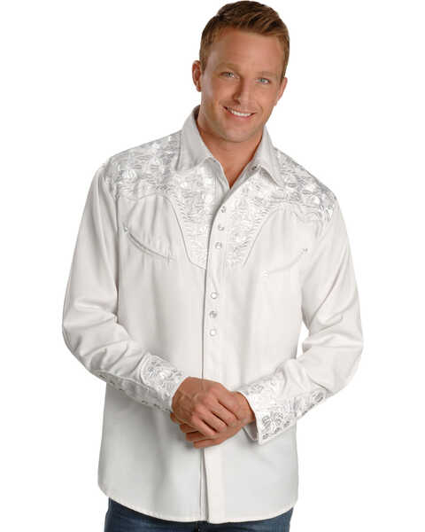 Scully Men's Embroidered Gunfighter Long Sleeve Pearl Snap Western Shirt, White, hi-res