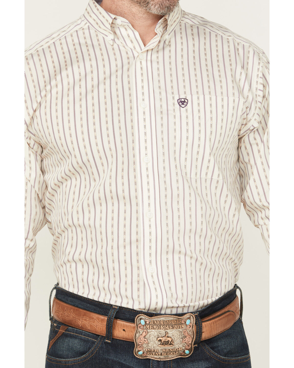 Image #3 - Ariat Men's Randall Wrinkle Free Striped Long Sleeve Button-Down Western Shirt, Off White, hi-res