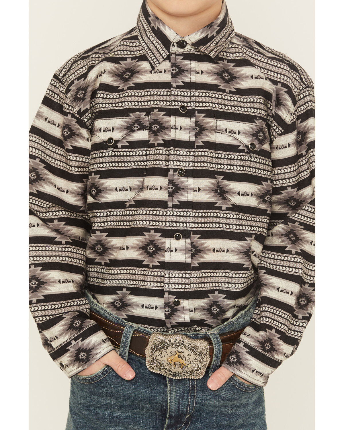 Image #3 - Roper Boys' Southwestern Striped Long Sleeve Snap Western Shirt, Black, hi-res