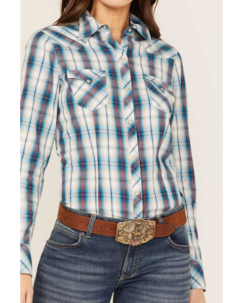 Roper Women's Plaid Print Long Sleeve Snap Western Shirt, Blue, hi-res
