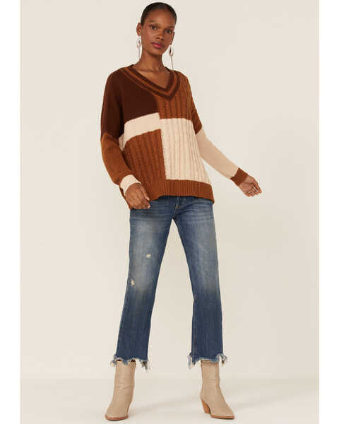Image #4 - Wild Moss Women's Patchwork Mixed Knit Sweater, Brown, hi-res