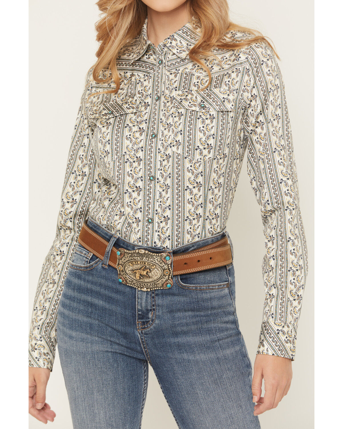 Image #3 - Shyanne Women's Paisley Wallpaper Print Long Sleeve Snap Stretch Western Shirt, Cream, hi-res