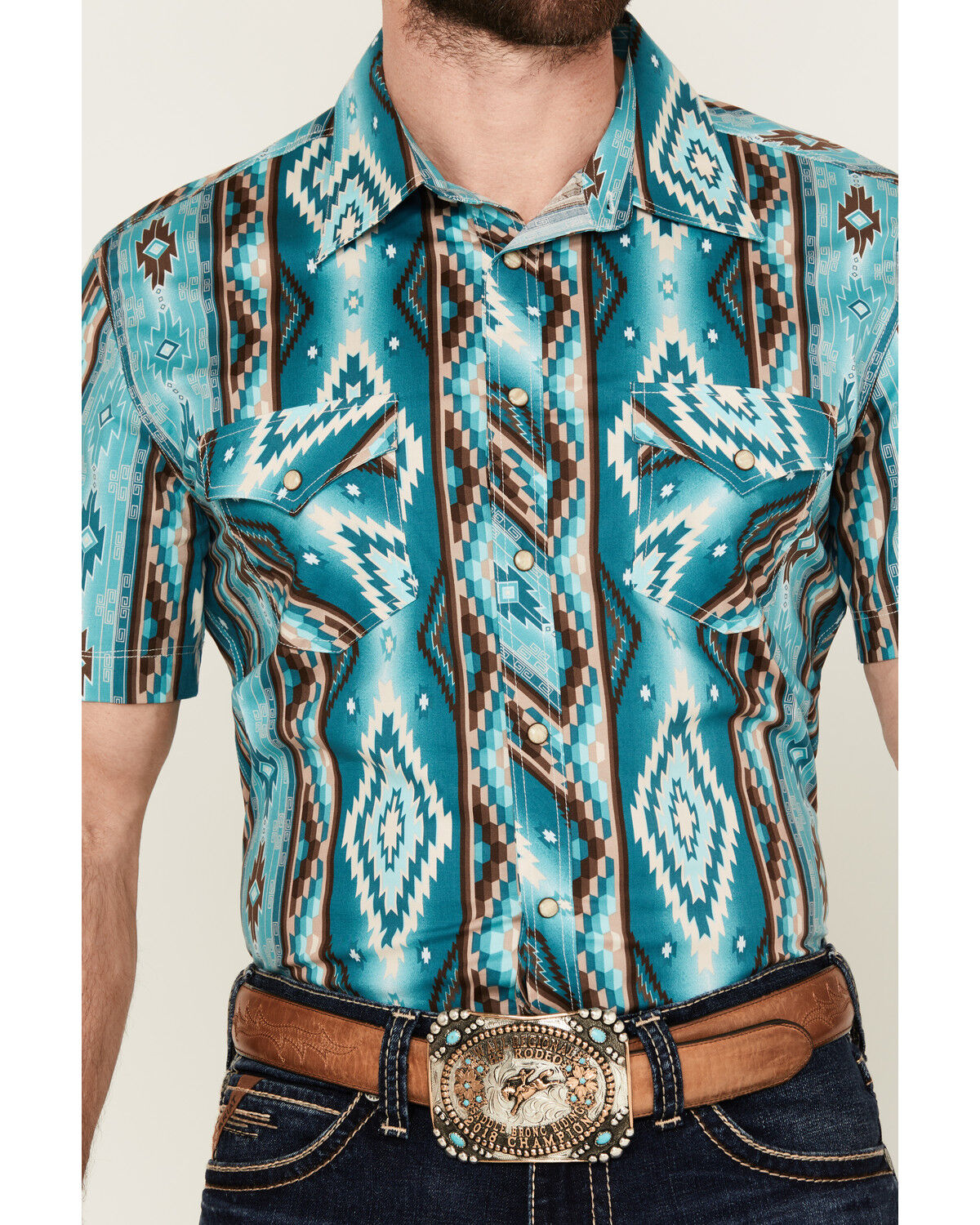 Image #3 - Rock & Roll Denim Men's Southwestern Print Short Sleeve Snap Stretch Western Shirt, Turquoise, hi-res