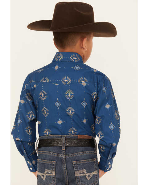Ely Walker Boys' Southwestern Print Long Sleeve Pearl Snap Western Shirt , Navy, hi-res