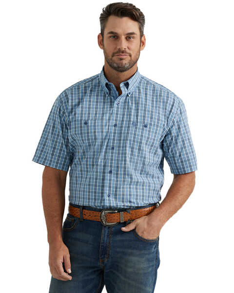 George Strait by Wrangler Men's Plaid Print Short Sleeve Button-Down Western Shirt - Big, Blue, hi-res