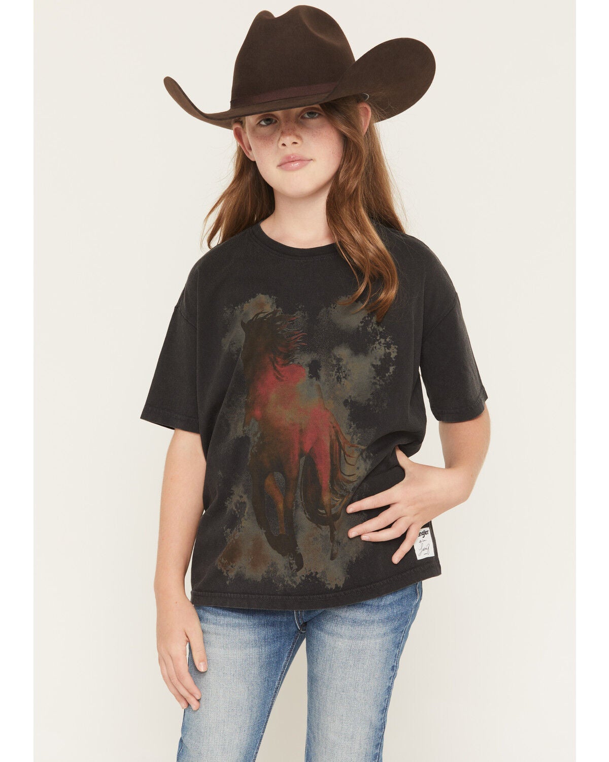 Wrangler X Lainey Wilson Girls' Watercolor Horse Short Sleeve Oversized Graphic Tee, Brown, hi-res
