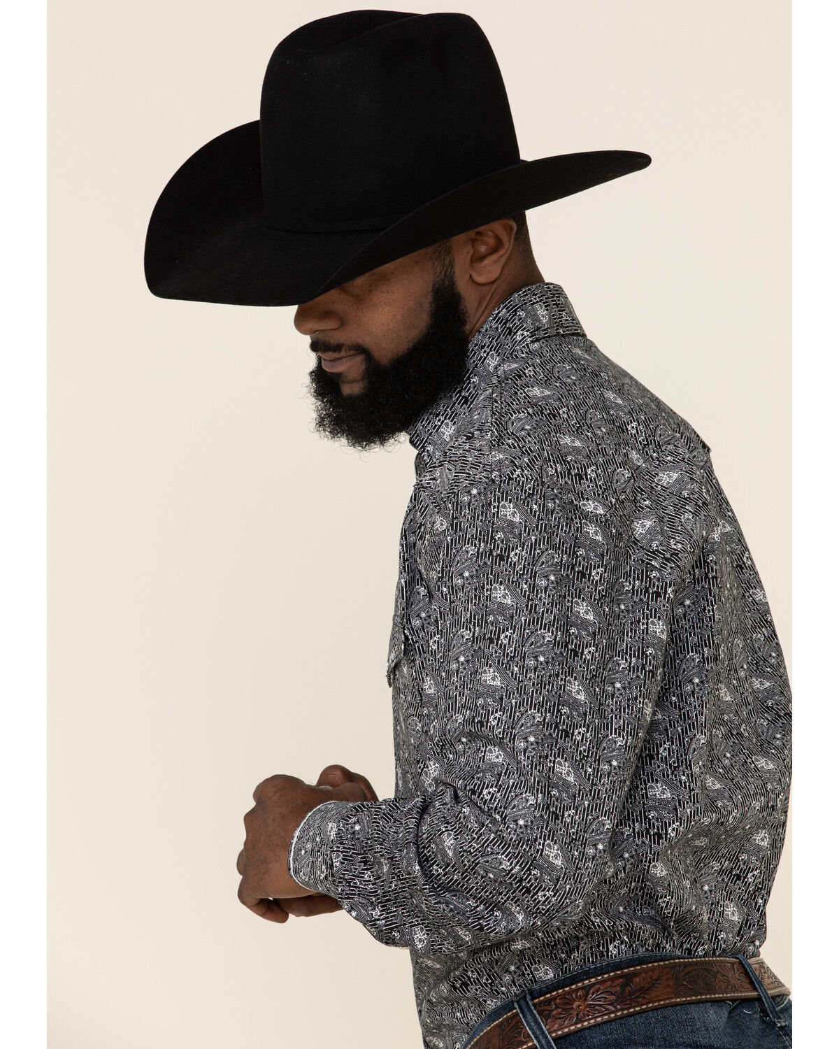 Image #5 - Rough Stock By Panhandle Men's Atalaya Stretch Paisley Print Long Sleeve Western Shirt, Black, hi-res