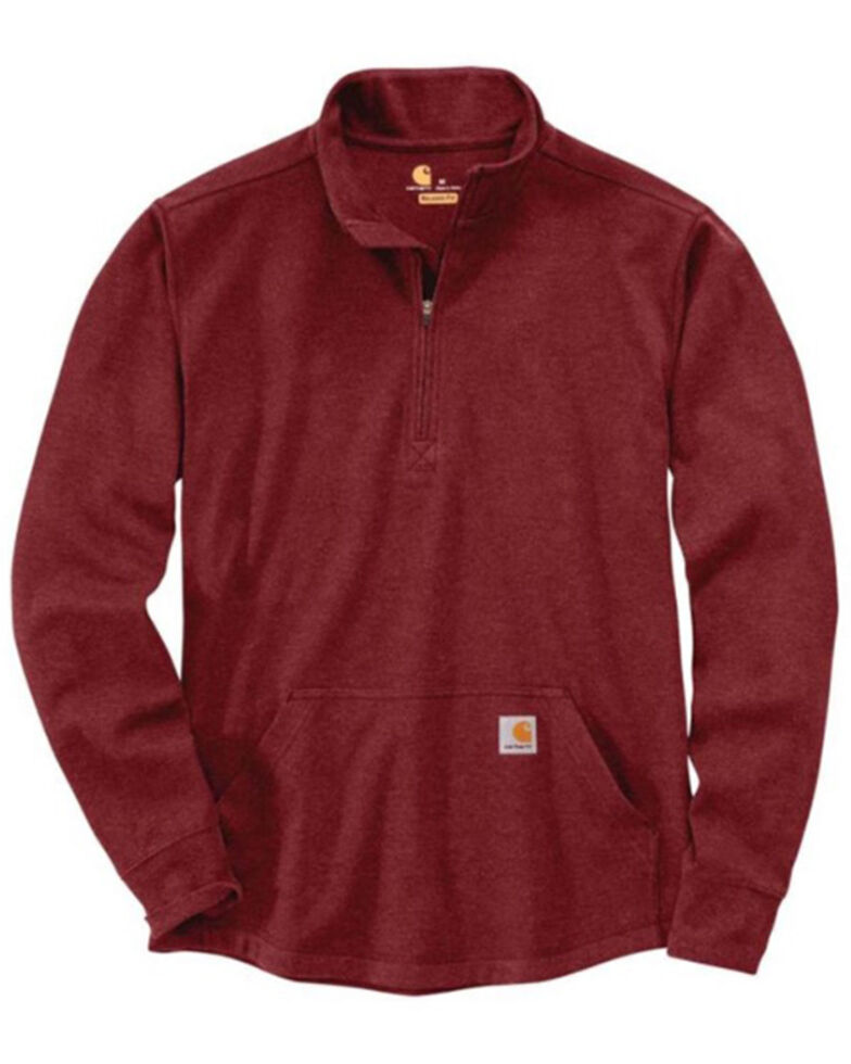 Carhartt Men's Oxblood Red Plaid Relaxed Fit 1/2 Zip Thermal Work Pullover , Maroon, hi-res