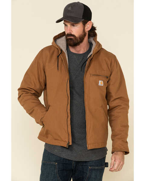 Carhartt Men's Washed Duck Sherpa Lined Hooded Work Jacket - Big & Tall , Brown, hi-res